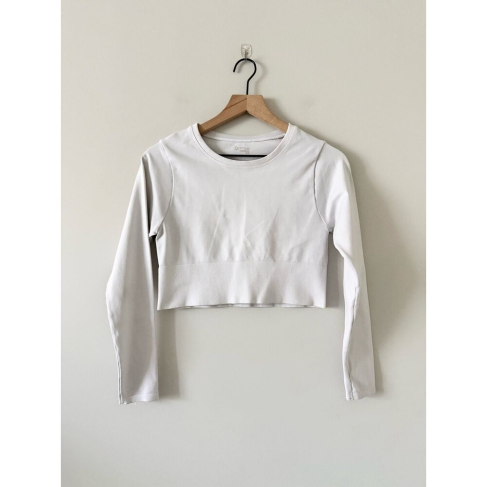 aerie Offline Ribbed Cropped Compression Long Sleeve Tee in White Size M